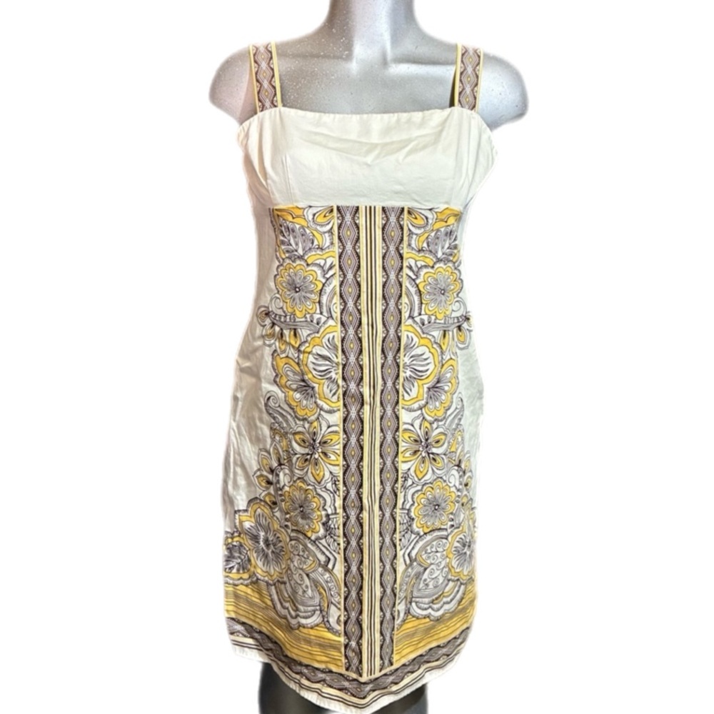 Y2K Loft Floral Shift Dress Yellow/White Cotton Lined Cottagecore Boho Size 10
